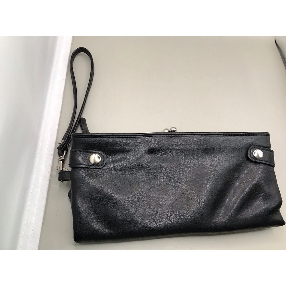 Black Wristlet Clutch Faux Leather Labeled Maurices